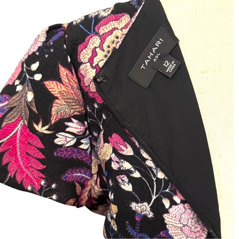 Tahari ASL Floral Belted Midi Dress Size 12 Black Pink Purple Boho Wrap V-Neck - Picture 7 of 8